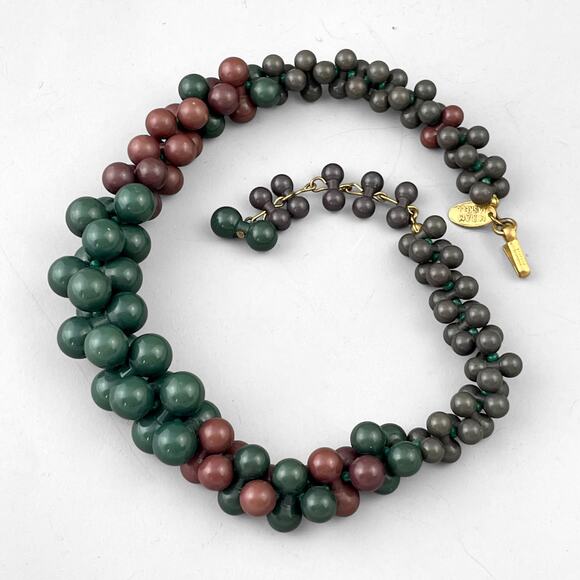VTG Signed Miriam Haskell 60s Cluster Bead  Plastic Necklace Drk Green Collar - Picture 1 of 7